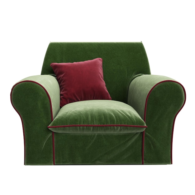 Classic green chair with red pillow isolated on white background Digital Illustration 3d rendering