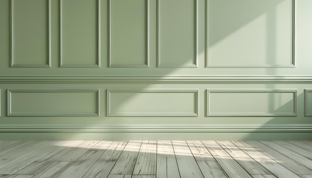 Classic green wall panels moldings and wooden floor simple minimalist background