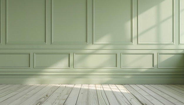 Classic green wall panels moldings and wooden floor simple minimalist background