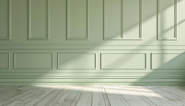 Classic green wall panels moldings and wooden floor simple minimalist background