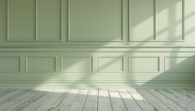 Classic green wall panels moldings and wooden floor simple minimalist background