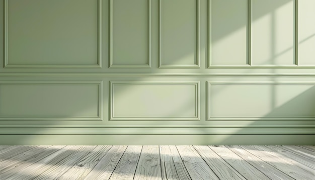 Classic green wall panels moldings and wooden floor simple minimalist background