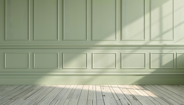 Classic green wall panels moldings and wooden floor simple minimalist background