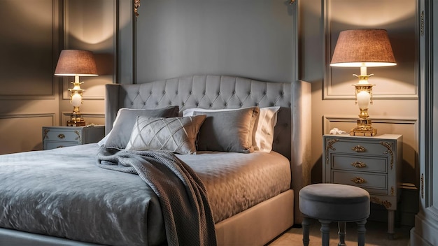 Photo classic grey bedroom interior with grey buttoned bed and luxury lamps and a stool