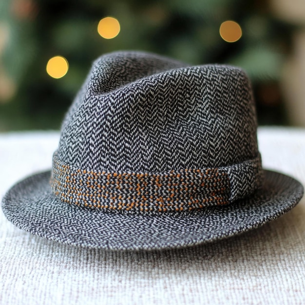 Classic grey fedora hat placed elegantly on a cozy surface surrounded by soft holiday lights