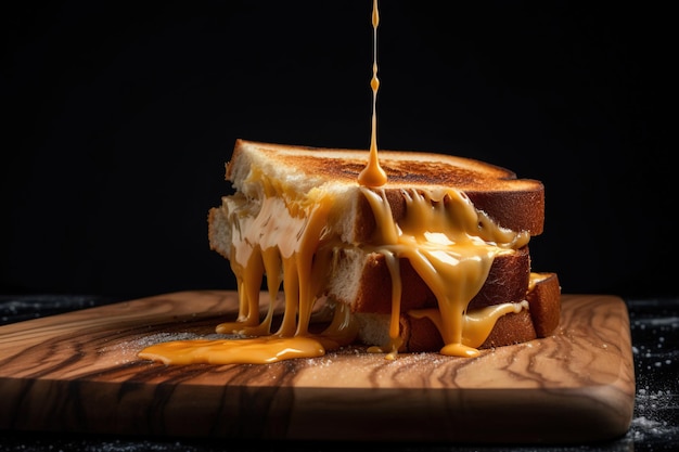 classic grilled cheese sandwich placed on a wooden cutting board with the warm melted cheese