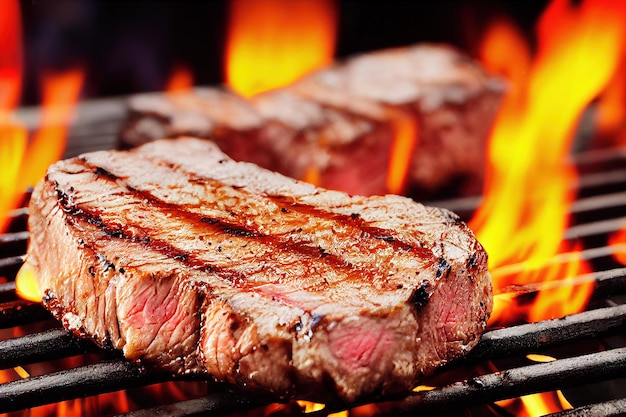 Classic grilled steak cooking on grill with flames