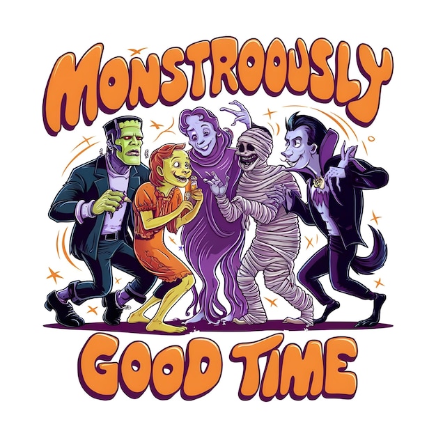 A classic group of monsters at a party with the phrase Monstrously Good Time