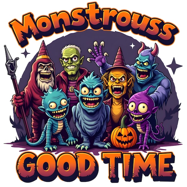 A classic group of monsters at a party with the phrase Monstrously Good Time