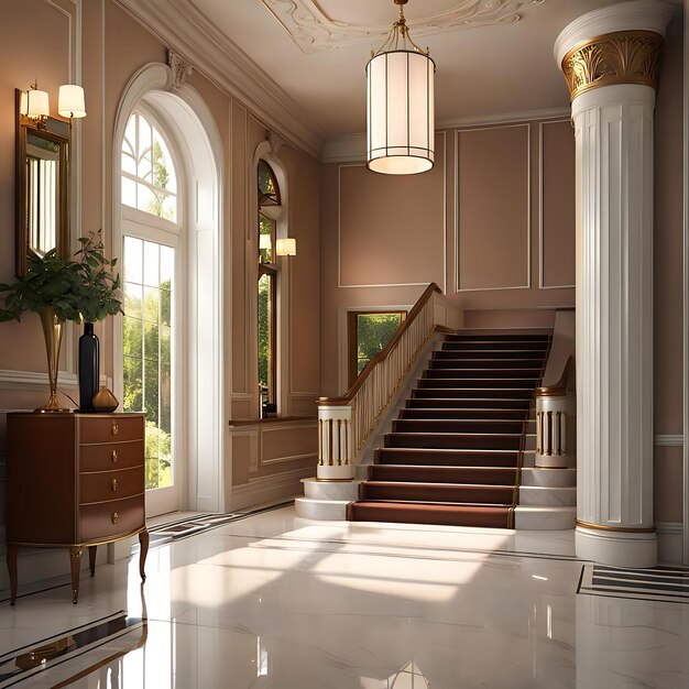 Photo classic hallway with marble flooring and wooden banister