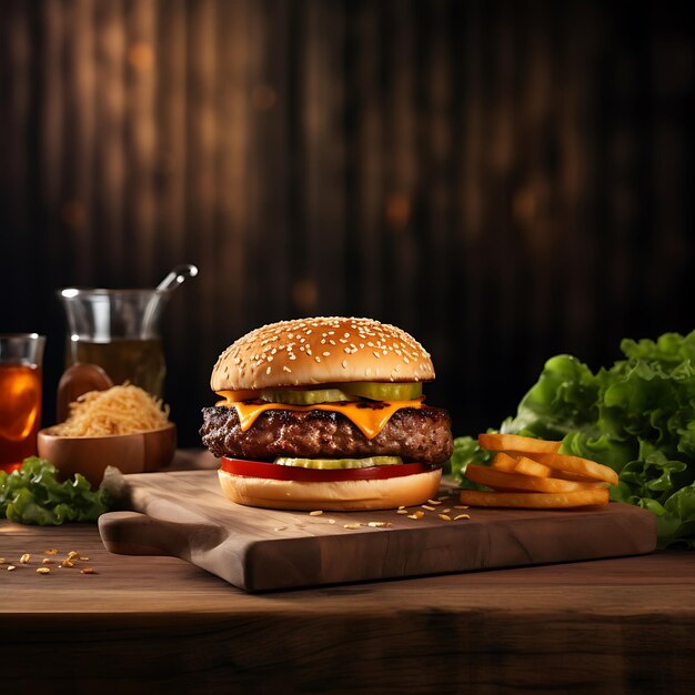 Classic hamburger on a wooden plate and French fries at the back on Burger restaurant background