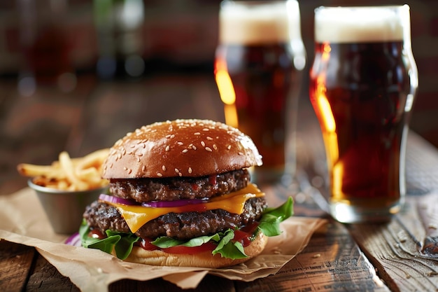 Classic and Hearty Meal Hamburger with Two Glasses of Beer on Wooden Table Delectable Image