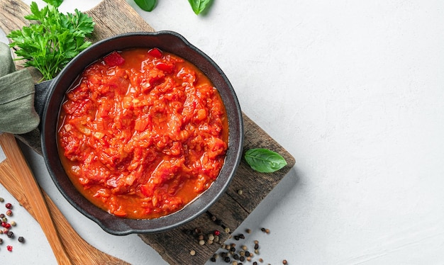 Classic homemade tomato sauce in a frying pan