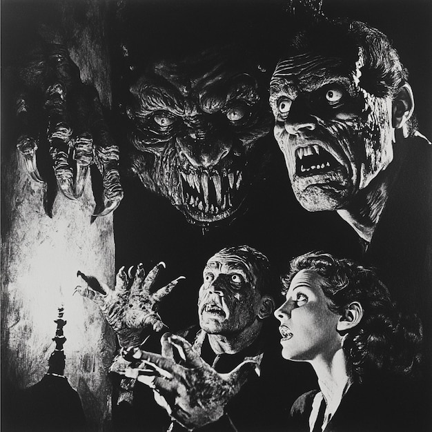 Photo classic horror film scene with iconic monsters and scares