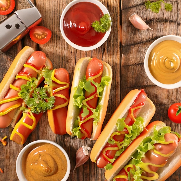 Photo classic hot dog with ketchup and mustard sauce on wooden table