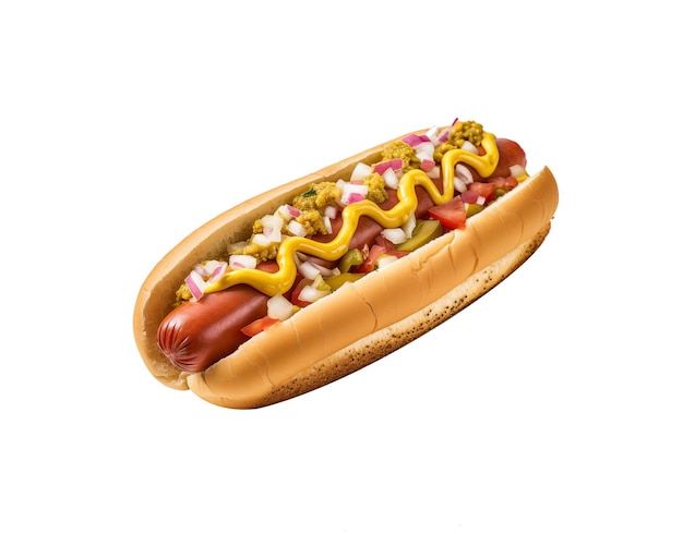 Classic hot dog with a zigzag of mustard on a soft bun cleanly presented