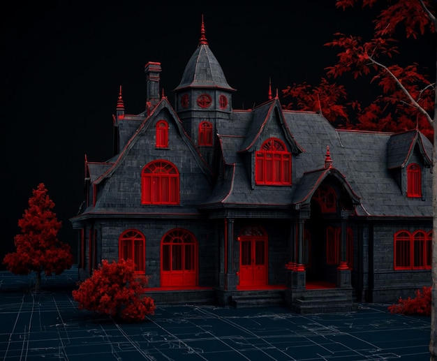 Classic house model on blueprint black and red