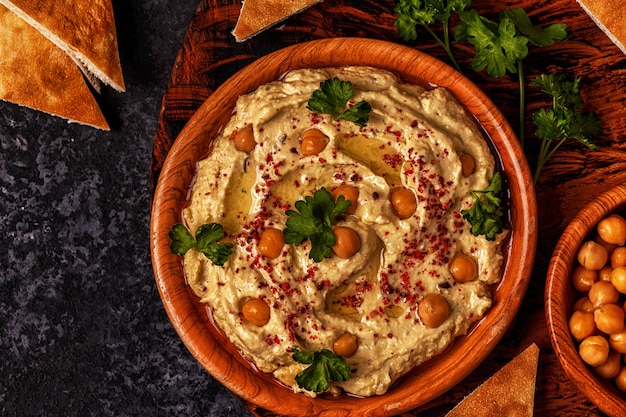 Classic hummus  on the plate.