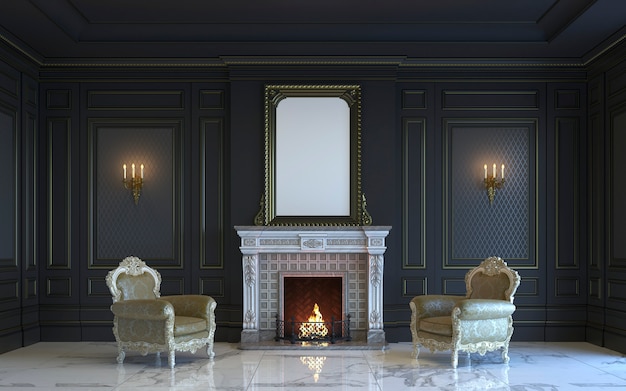 A classic interior is in dark tones with fireplace. 3d rendering.