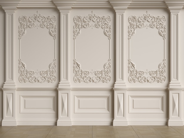 Classic interior wall with moldings 3d rendering