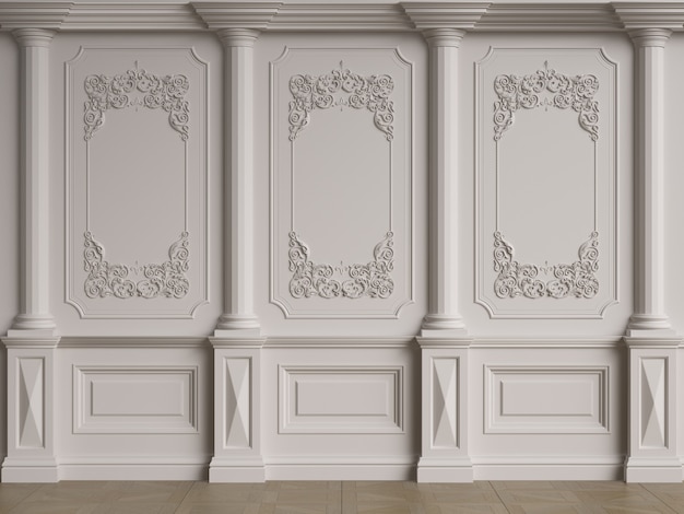 Classic interior wall with moldings 3d rendering