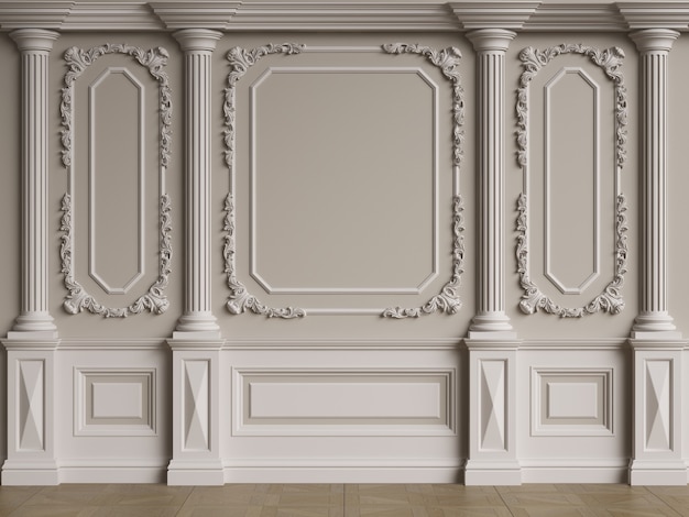 Classic interior wall with mouldings.Floor parquet herringbone.Digital illustration.3d rendering