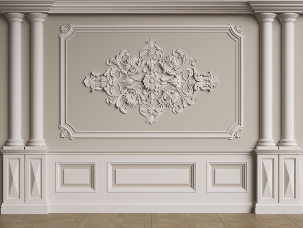 Classic interior wall with mouldings.Floor parquet herringbone.Digital illustration.3d rendering