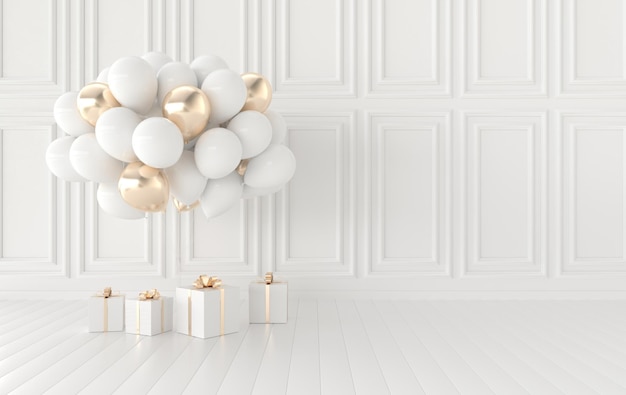 Classic interior walls with bunch of balloons present box