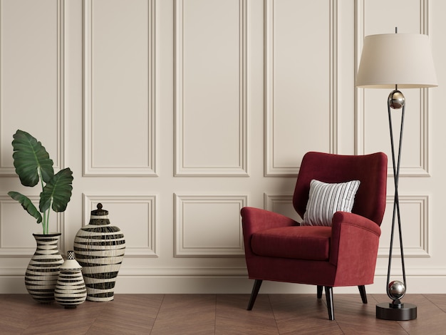 Classic interior with armchair and floor lamp. Warm colors