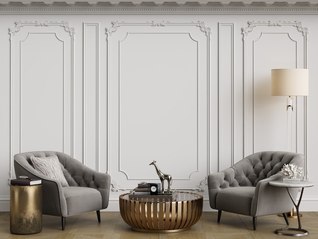 Classic interior with grey armchairs and floor lamp