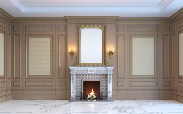 A classic interior with wood paneling and fireplace. 3d rendering.