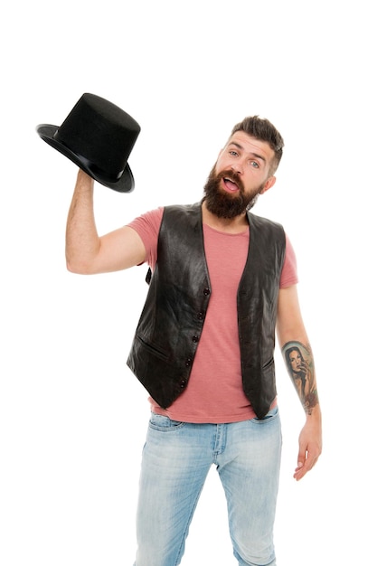 Classic is forever Caucasian guy holding classic top hat accessory or headgear Bearded man with classic cylinder hat Hipster with mustache and beard with classic black hat