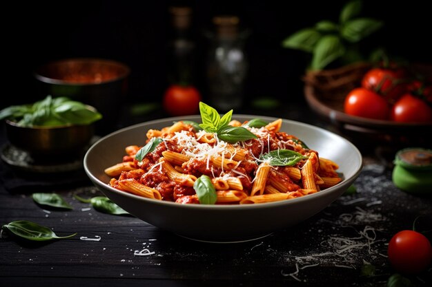 Classic italian lasagna with layers of pasta on black plate on table on dark background neural