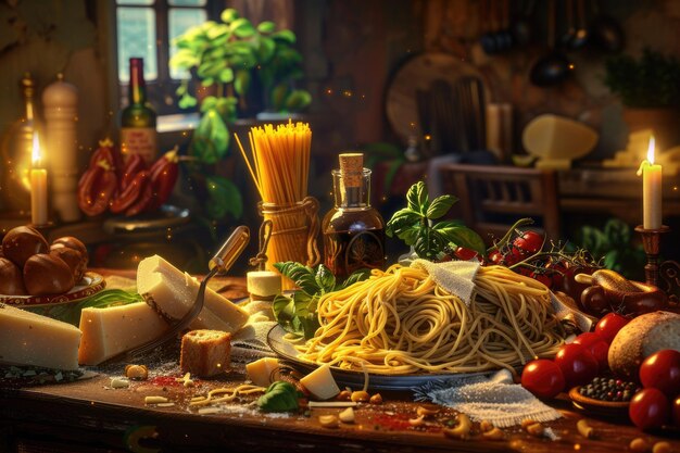 Photo a classic italian pasta feast for a family dinner