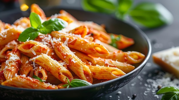 Photo classic italian pasta penne alla arrabiata with basil and freshly grated parmesan ch generative ai