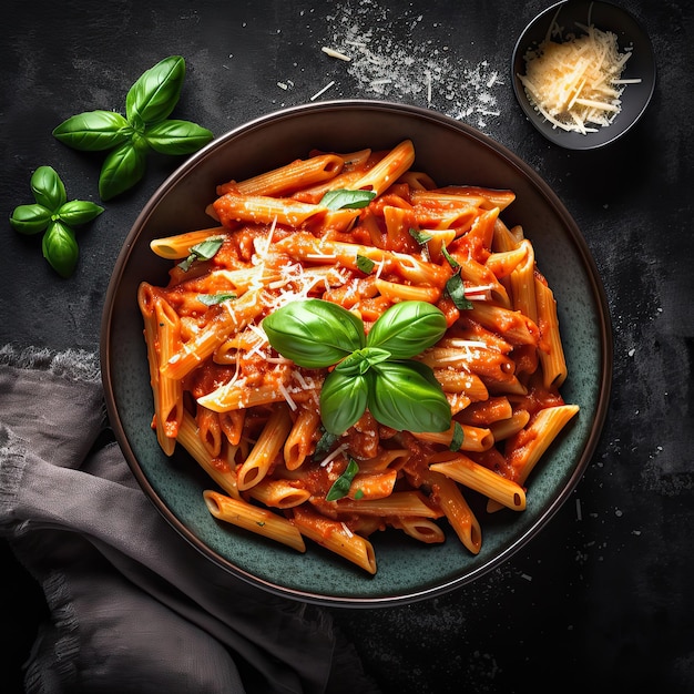 Classic italian pasta penne parmesan cheese dark table Penne pasta with sauce Top view Generative AI