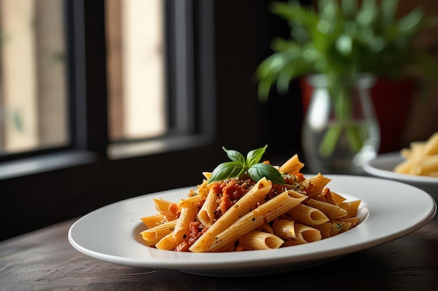 Photo classic italian penne pasta with rich bolognese sauce served on a white plate generative ai