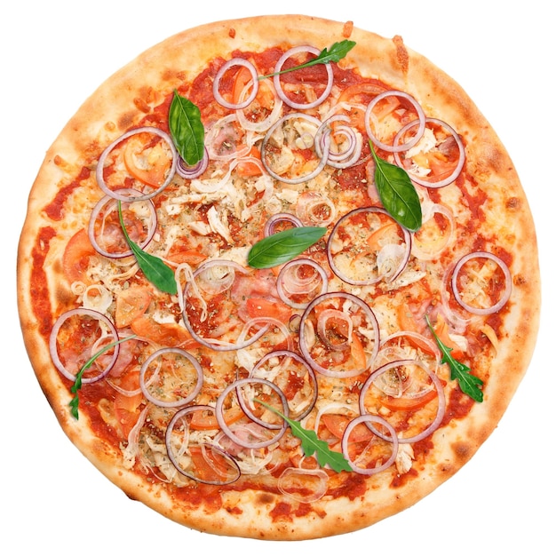 Classic Italian pizza with bacon chicken and red onion