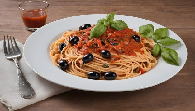 Classic Italian Spaghetti anchovy pasta in ceramic plate served with salt in wooden bowl olives and tomato sauce on wooden background