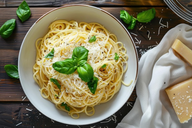 Classic Italian spaghetti with creamy parmesan sauce and fresh basil for a simple yet flavorful