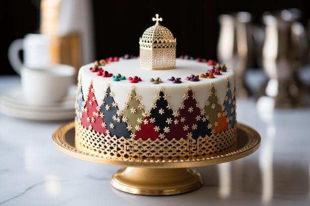 A classic Kings Day bread, Epiphany cake, is displayed against a white backdrop with festive accents. The roscon de reyes, often known as the Spanish Christmas cake. Sps traditional Epiphany dessert