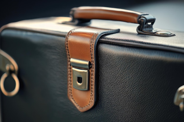 Photo classic leather briefcase with a polished handle and metallic accents resting on a surface