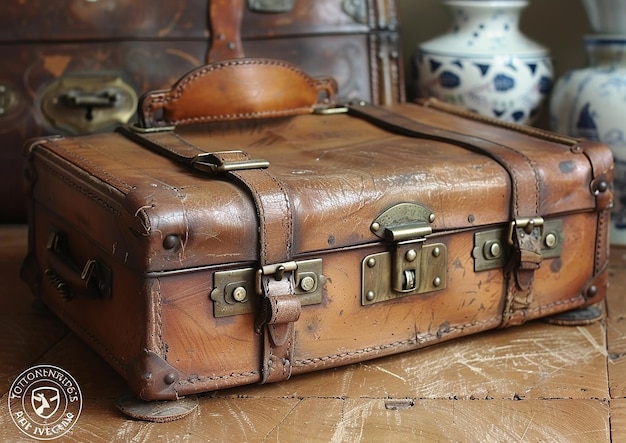 Classic Leather Suitcase with Brass Buckles