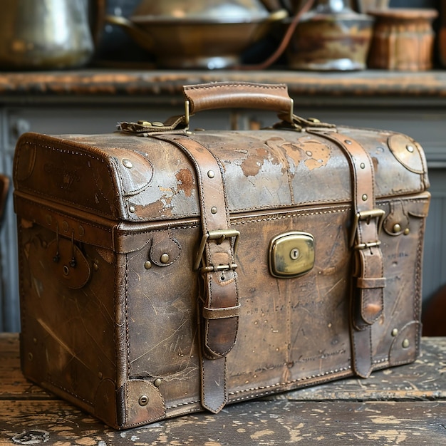 Classic Leather Suitcase with Brass Buckles