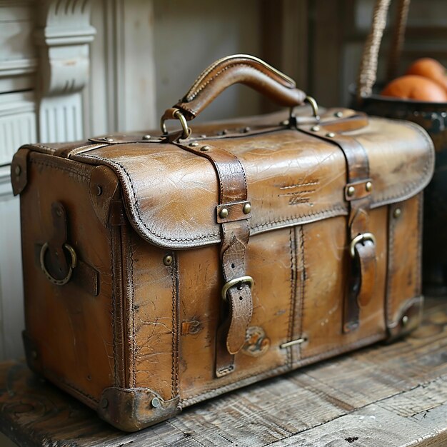 Classic Leather Suitcase with Brass Buckles