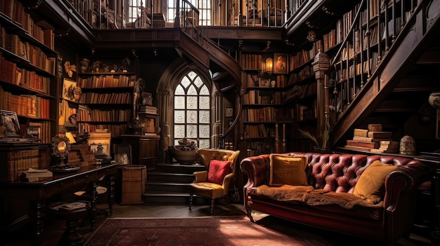 A classic library showcasing rows of books and a cozy Literary classics bookshelves warm reading corner vintage volumes comfortable seating timeless ambiance Generated by AI