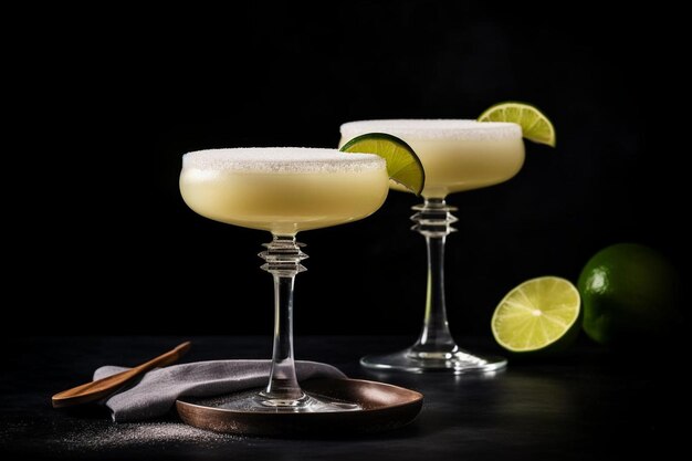 Classic lime margarita cocktail with tequila lime juice and salt on the edge of the glass