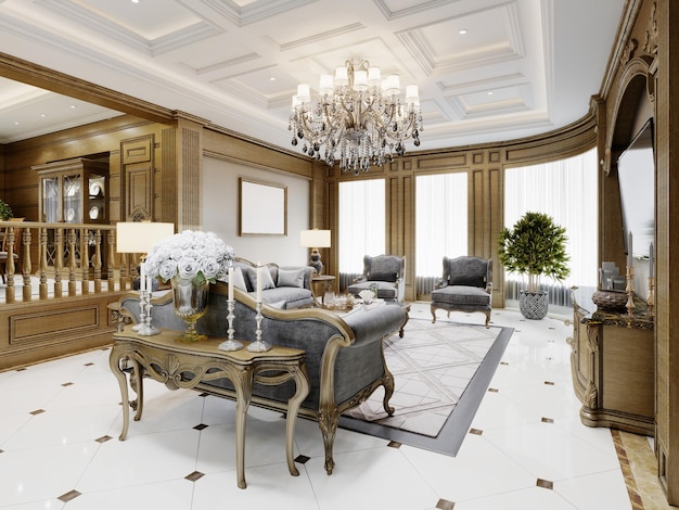 Classic living room with gray furnishings and carved patterned wood walls 3d rendering