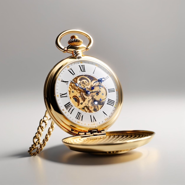 Classic luxurious golden pocket watch plain background showing time