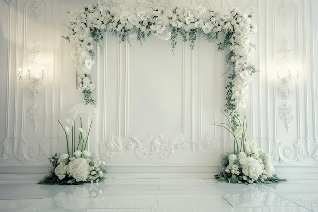 Classic luxury wedding ceremony with flower for backdrop interior wall background and copy space